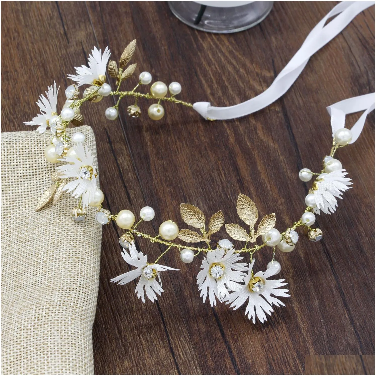 Children daisy beaded crown fashion hand made ribbon garlands jewelry photography girls hair accessories A6650