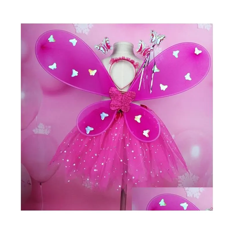 Girl LED Butterfly Wings Set with Glow Tutu Skirt Fairy Wand Headband Fairy Princess Light Up Party Carnival Costume gift 2-8T