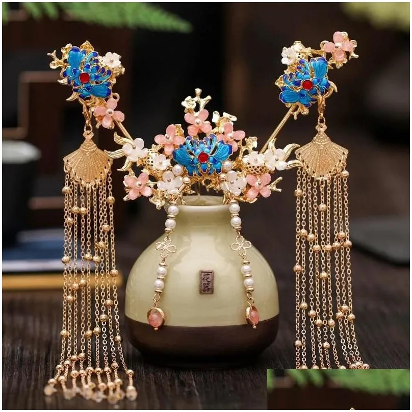 Chinese Ethnic Style Hanfu Retro Metal Headdress Hairpin Full Set Of Tassels Antique Hair Accessories Ladies Wedding Jewelry Clips &