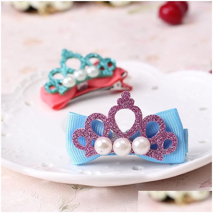 ashion Children Hair Clips Shiny Crown With Pearl Barrettes Ribbon Bow Crown Baby Girl Hair Pins Haar Speldjes Meisje