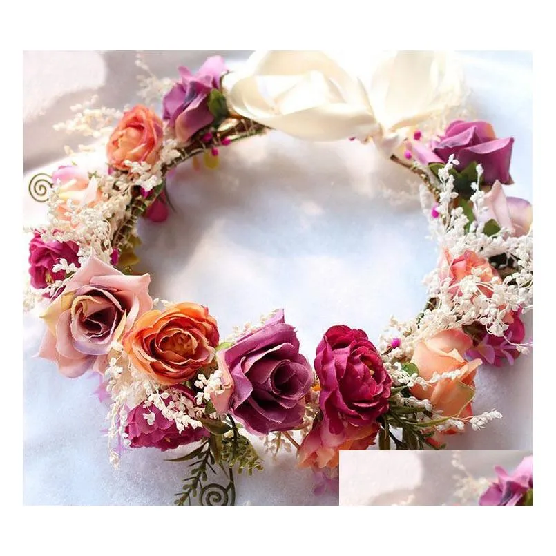 Brides wreath bohemia style children beach holiday hair accessories girls handmade stereo rose simulation flowers garlands R1019