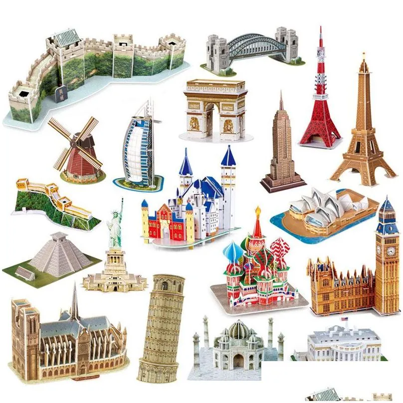 3D Puzzles Famous World Architecture Building Model Paperboard Material DIY Buildings Models Ornaments Kids Intelligence Learning Educational