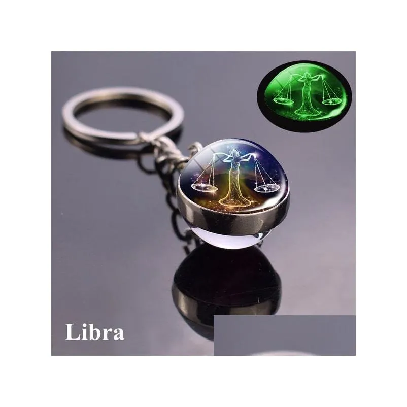 12 Constellation Luminous Keychains Glass Ball Pendant Zodiac Keychain Glow In The Dark Key Chain Holder Men Women Birthday Gift