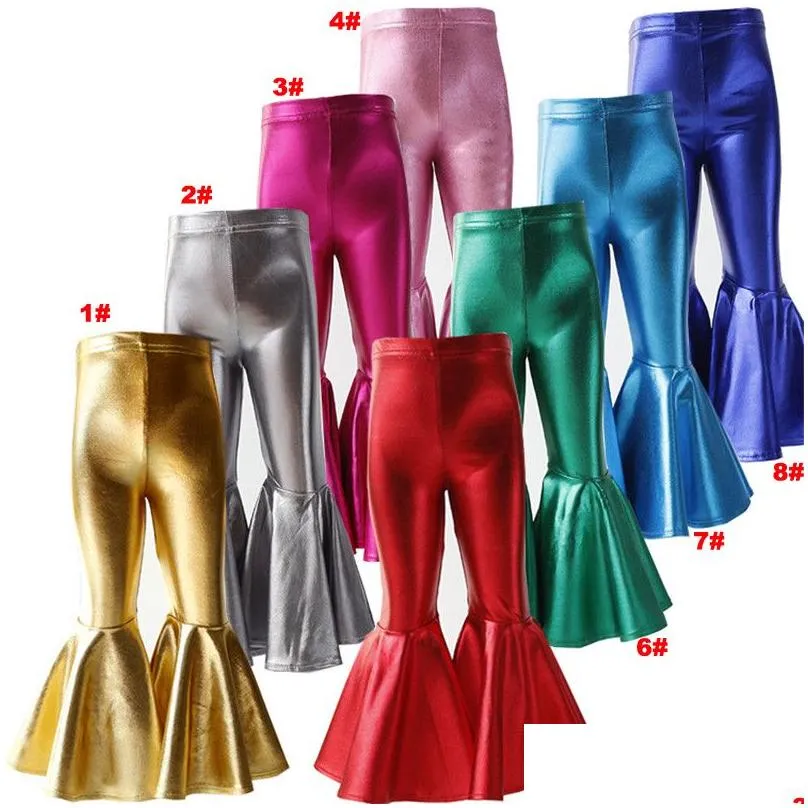 Mardi Gras Toddler Kids Shiny Leggings Solid Color Baby Girl Leather Pants Fashion Ruffle Bell Bottoms Kids Birthday suits Cotton