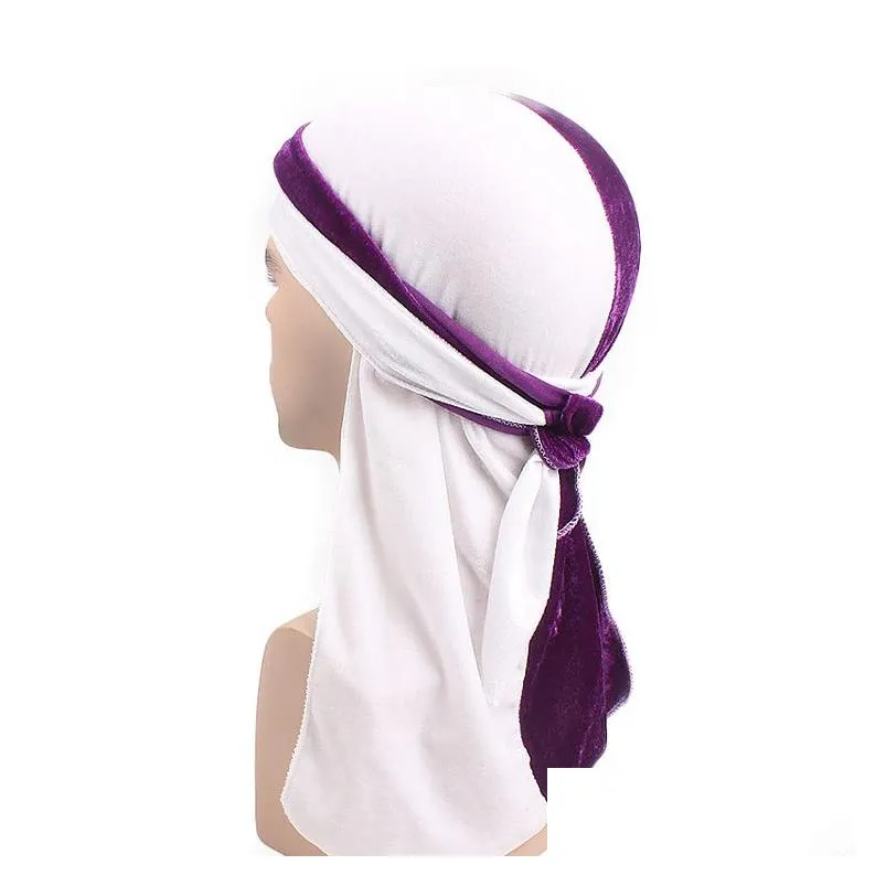 New Floral Luxury Velvet Unisex Stretchable Worship Wish Bandanas Wide Straps Durag Double Color Splice Long Tail for Girl Boy 6