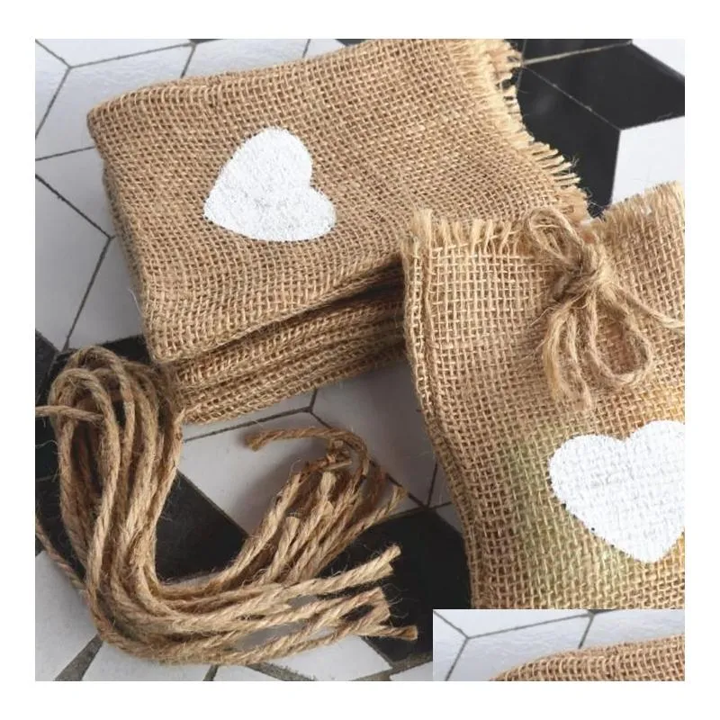Jute hessian rustic favors bag wedding Christmas Brithday party gift bags 9x14cm Natural festive event supplies drop shipping