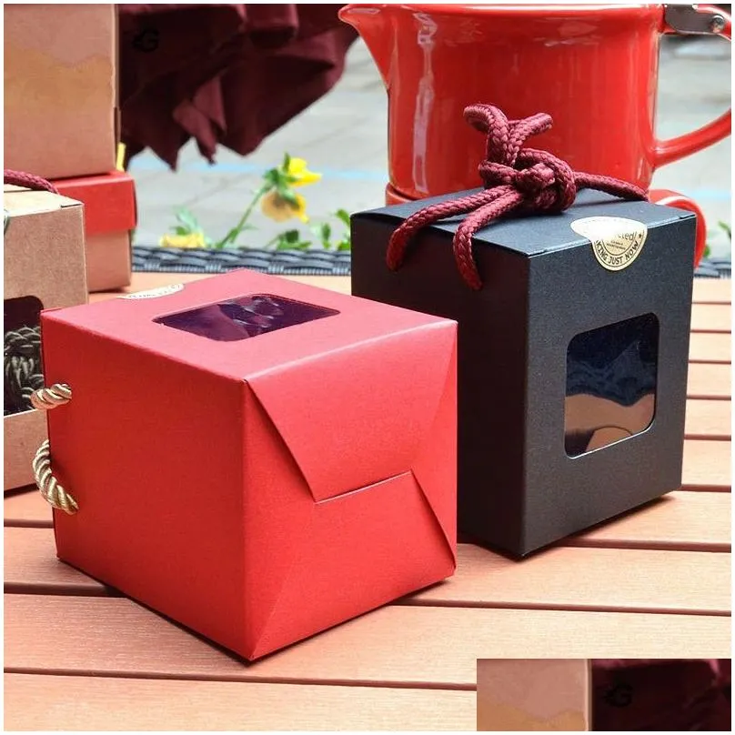 Creative design kraft paper gift box With Clear Window honey jam tea brown sugar box Candy Box With Rope LX0232