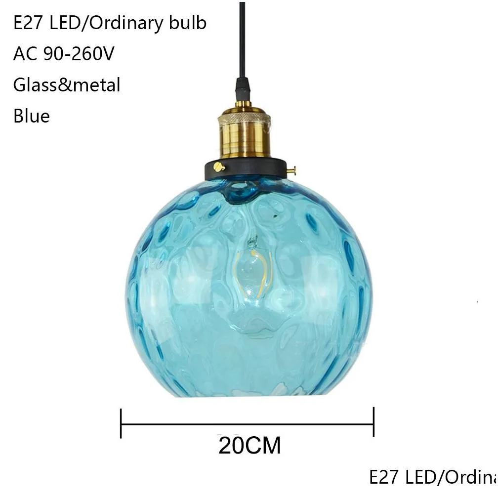 Loft modern blue color glass pendant light LED E27 vintage Nordic hanging lamp with 3 size for bedroom lobby restaurant office