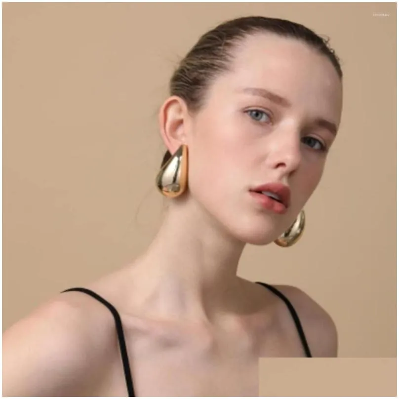 Hoop Earrings Vintage Gold Plated Big Water Drop For Women Glossy Stainless Steel Teardrop Chunky Dome Jewelry Gifts