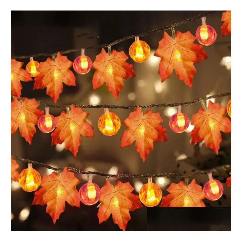 Fall Garland Decoration LED Maple Leaf Pumpkin String Light Autumn Decor Thanksgiving Indoor Outdoor Halloween Holiday Party Supplies Sunset