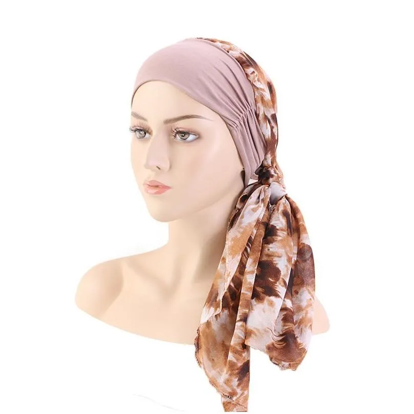 fashion Women Muslim Stretch Turban Chemo Hat Headwear Long Head Scarf Headwraps Cancer Hats Bandanas hair accessories 6 colors