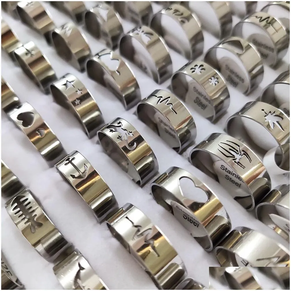 Bulk lots 100pcs/lot Top Mixed Laser Cut Stainless Steel Silver Ring Men Women Fashion Cool Finger Ring Party Jewelry