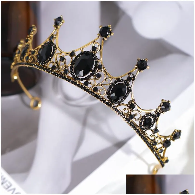 Headpieces Baroque Retro Black Luxury Bridal Crystal Tiaras Crowns Princess Queen Pageant Prom Rhinestone Veil Tiara Wedding Hair