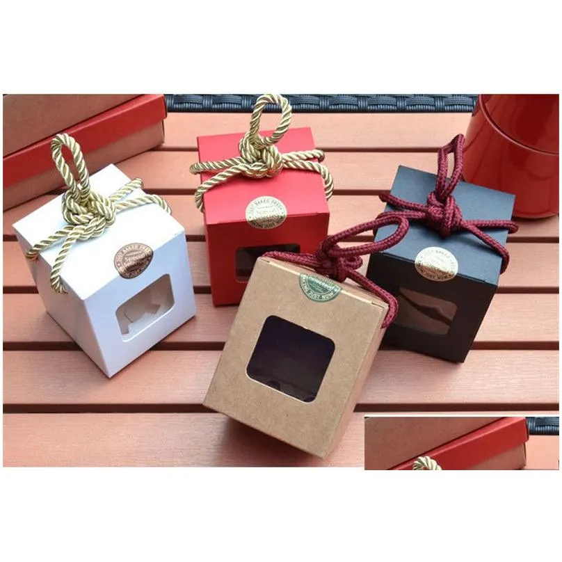 Creative design kraft paper gift box With Clear Window honey jam tea brown sugar box Candy Box With Rope LX0232