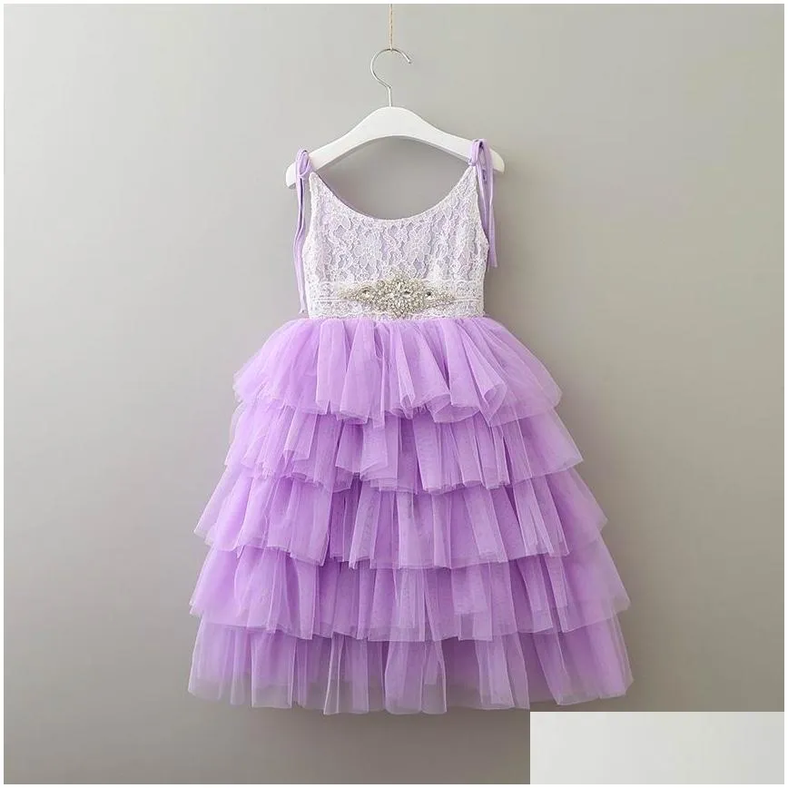 Girls lace princess dresses summer kids rhinestones belt suspender tiere tulle tutu dresss children long length party dress A00380