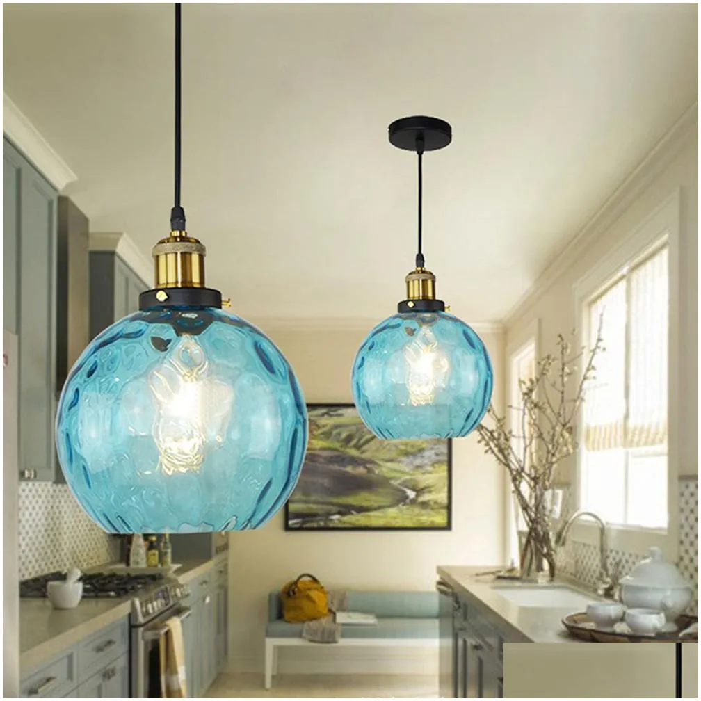 Loft modern blue color glass pendant light LED E27 vintage Nordic hanging lamp with 3 size for bedroom lobby restaurant office