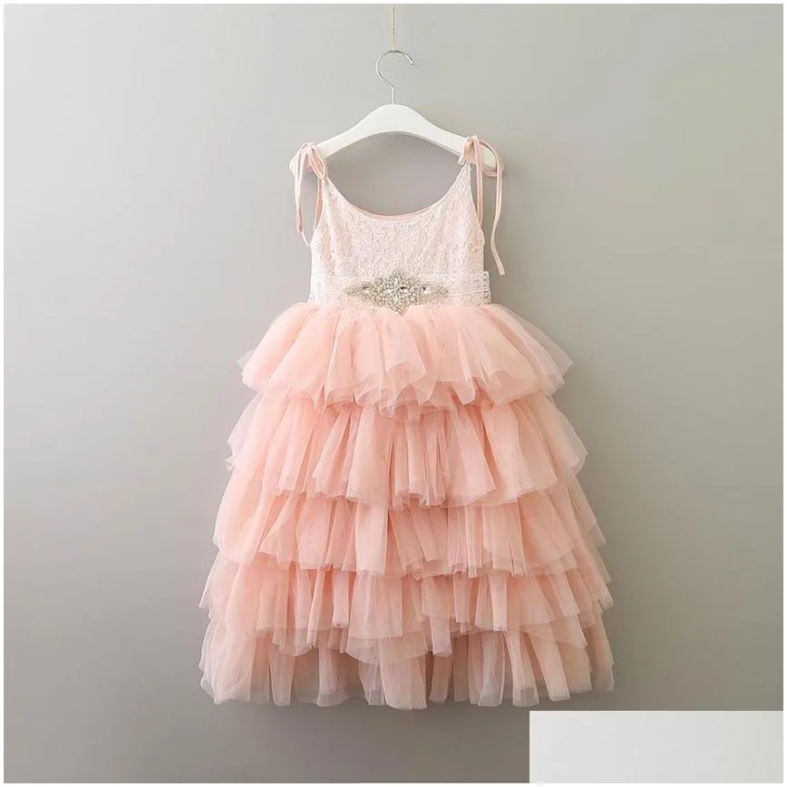 Girls lace princess dresses summer kids rhinestones belt suspender tiere tulle tutu dresss children long length party dress A00380