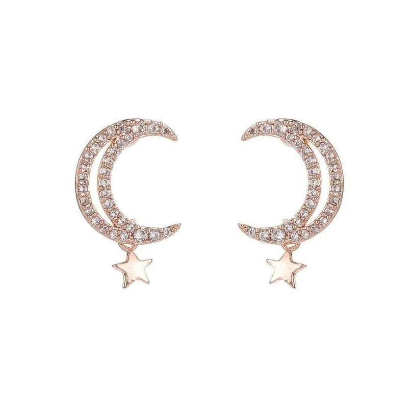 Stud Exquisite Crystal Moon Star Earrings For Women Elegant Lady Rose Gold Silver Color Fashion Party Jewelry GiftStudStud