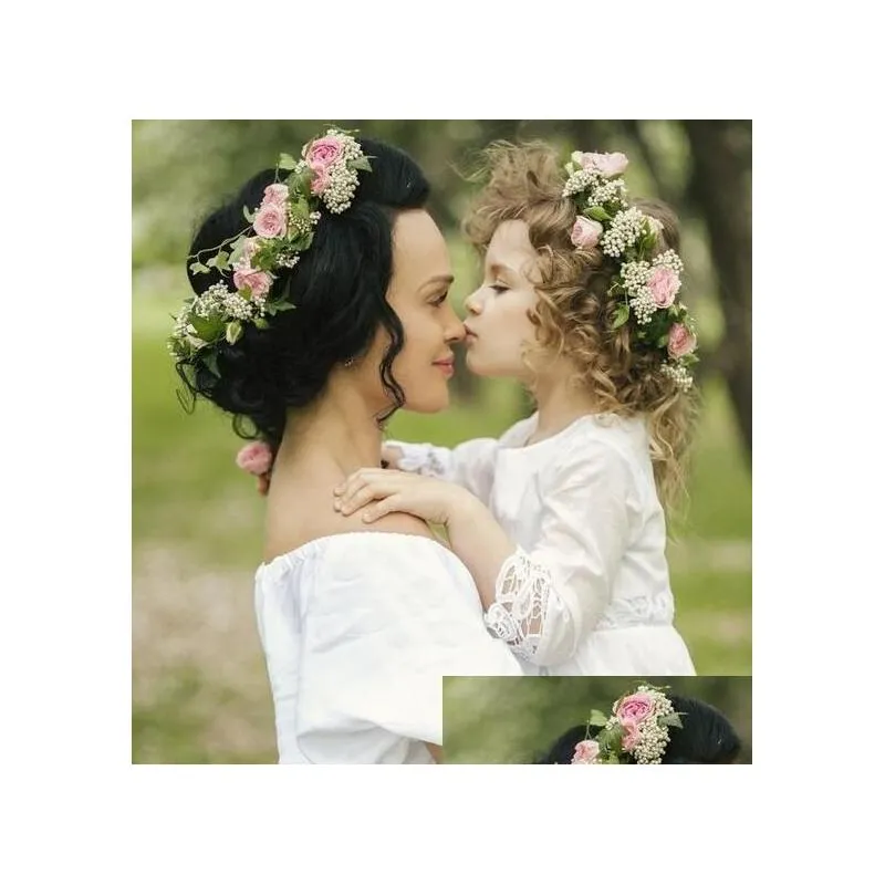 Mommy Kids Wreath Rose Flowers Headband Floral Crown Hairbands Wedding Girls Headwear Headdress Wedding Florial hair Accesaries four