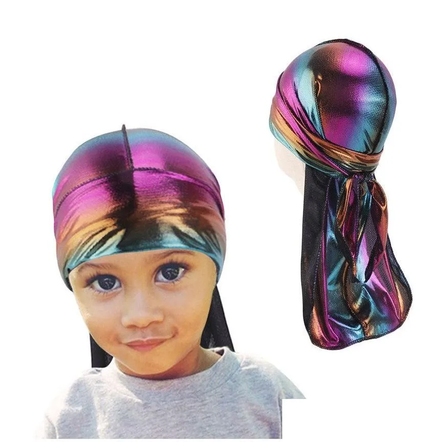 Children`s Sparkly Colorful Durags Silky Wave Bandanas Headwear Caps Hair Accessories 6 colors family hat Long Silk Scale Laser