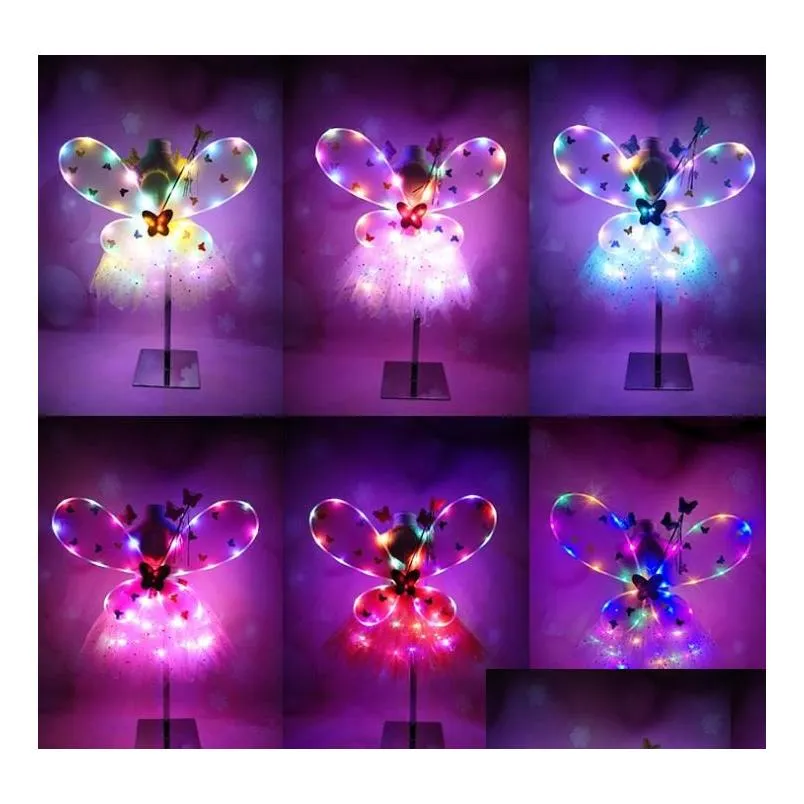 Girl LED Butterfly Wings Set with Glow Tutu Skirt Fairy Wand Headband Fairy Princess Light Up Party Carnival Costume gift 2-8T