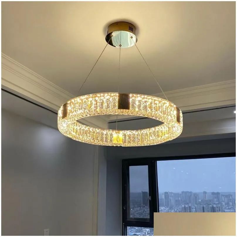 pendant lamps post-modern luxury crystal led chandelier stainless steel chrome-plated round hang light living bedroom dining decorative