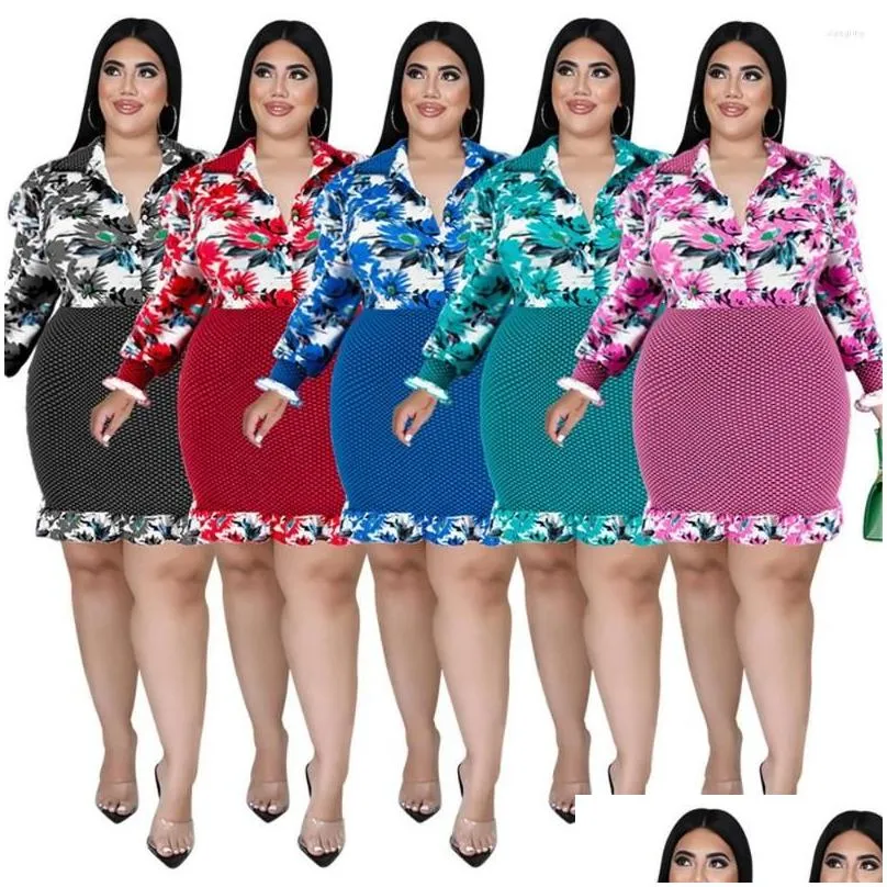 plus size dresses dress women sweet floralwork button ruffles hem fashion outwear midi wholesale 3xl 4xl 5xl 6xl