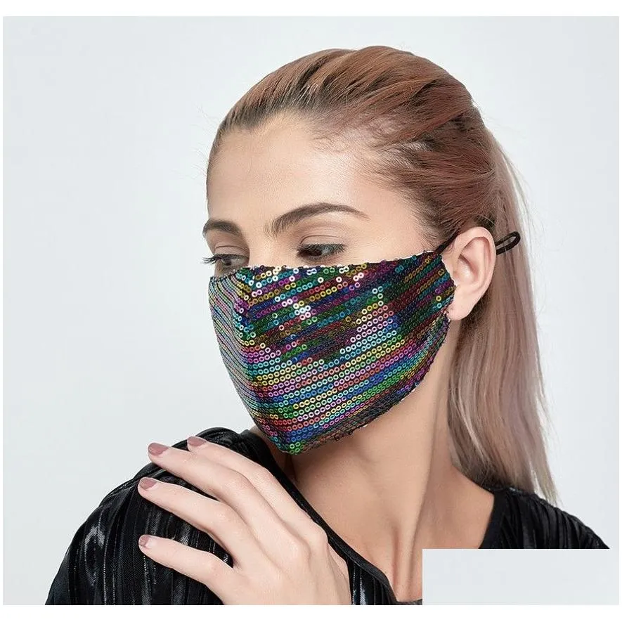 Shiny colorful Sequins Face Mask Washable Reuse PM2.5 Face Mouth Cover Cotton Protective Masks Elastic Earloop Anti-Pollution