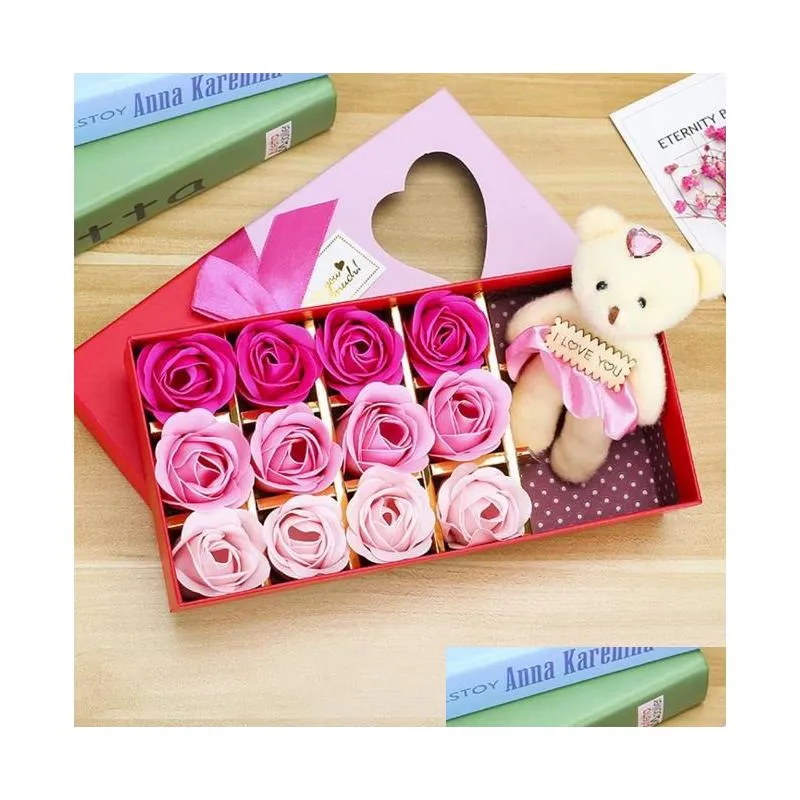 Romantic Gift Set Bath Rose Flower Soap With Floral Scent & Cute Teddy Bear Special Present Valentines Day Wedding Party favors decor