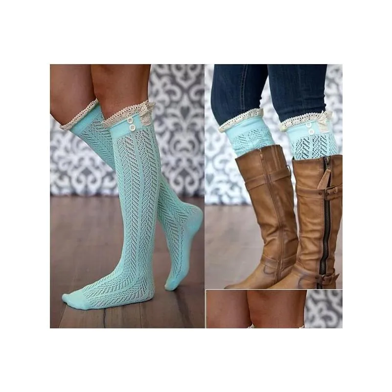 Crochet Lace Trim Cotton Knit Leg Warmers Buttons Knee High Boot Socks Hollow Boots Cuff Women Long Boot Toppers Gaiters Kids Socks