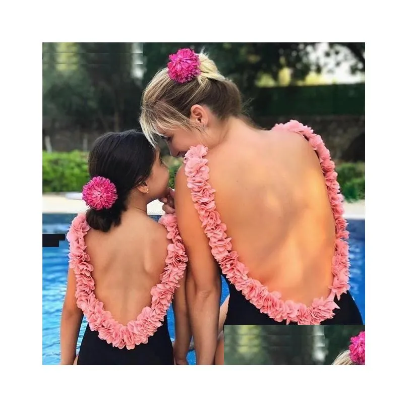 INS Girls flowers backless swimwear mommy and me one-piece swimming fashion kids stereo petal suspender beach holiday swimsuits Y7112