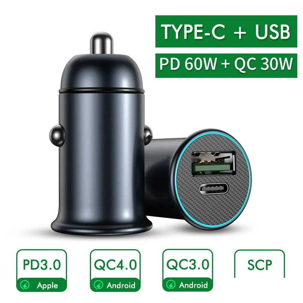 Car  With luminous PD3.0 30W Mini Full Metal Dual QC 3.0 QC4.0 USB Type C Quick Charging For mobile phone