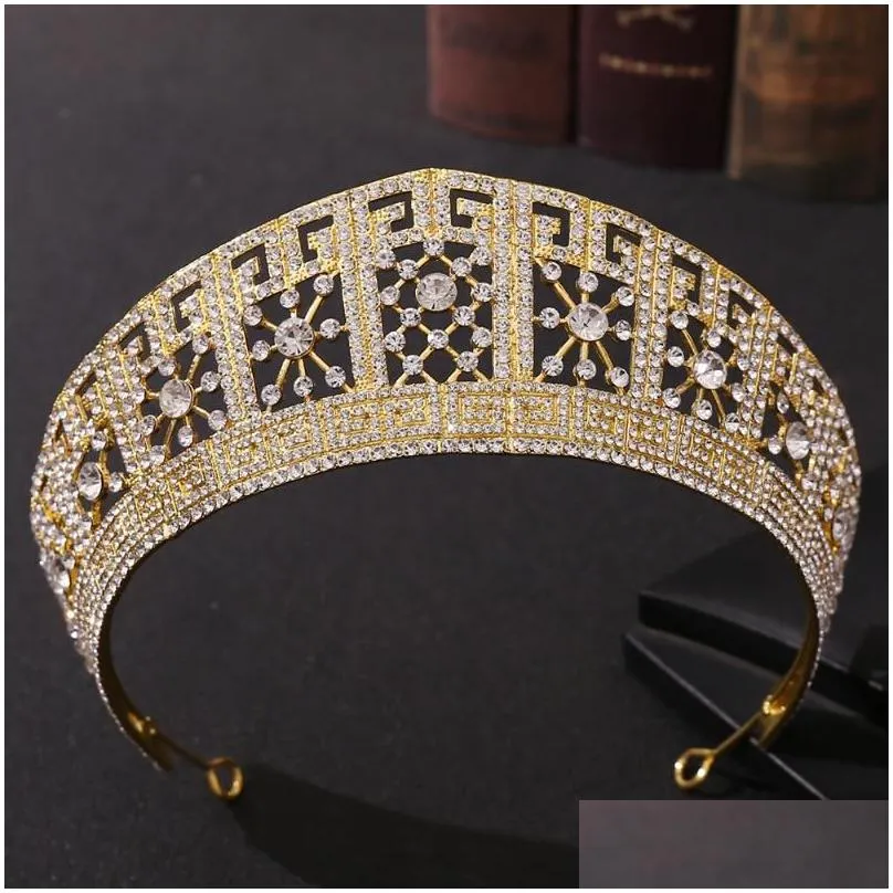 Baroque Silver Color Rhinestone Crystal Queen Big Crown Bridal Wedding Tiara Women Beauty Pageant Diadem Hair Accessories Clips &