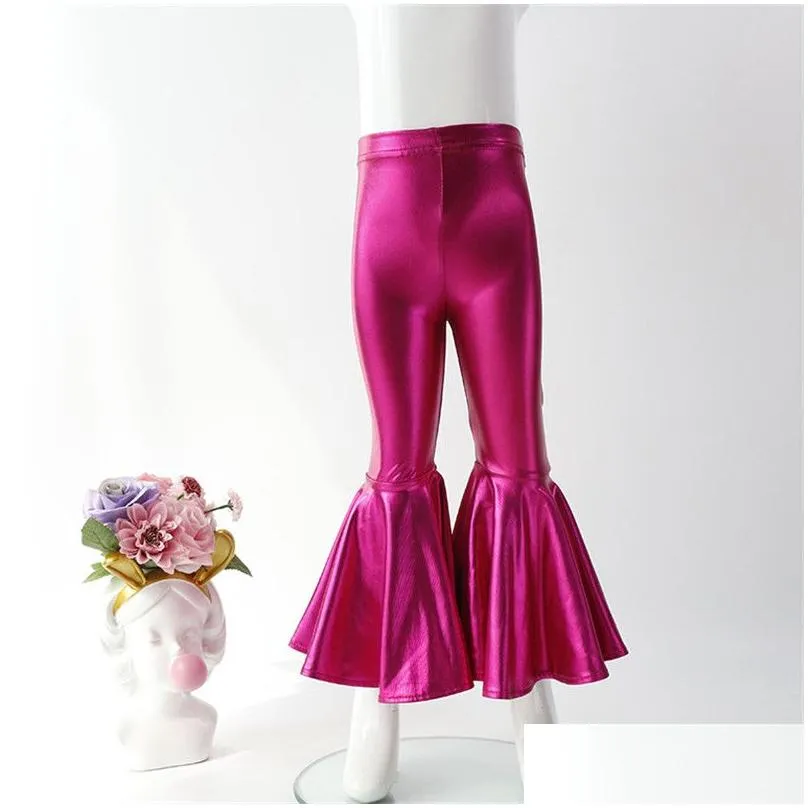 Mardi Gras Toddler Kids Shiny Leggings Baby Girl Leather Pants Fashion Ruffle Bell Bottoms Kids Birthday suits Cotton Trousers