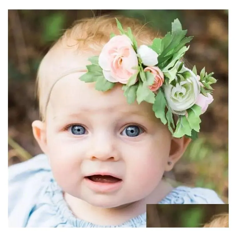 Gilrs Cute Bud Headbands Green Leaves Artificial Flower Nylon Headband for Baby Toddler Photograph baby Wedding accessory Beach