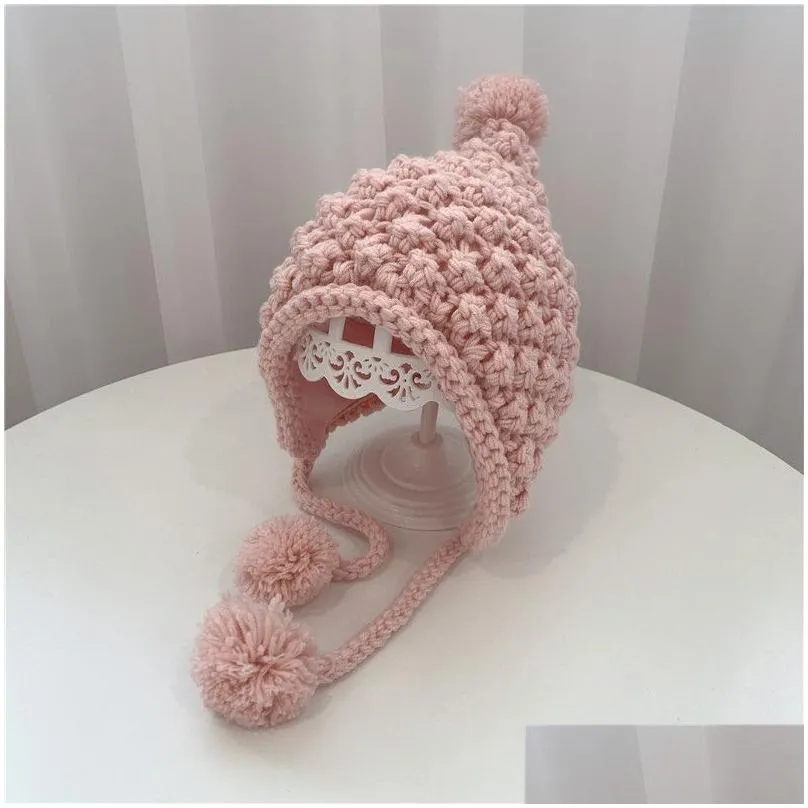 Baby Kids Big Pompon Knitted Hat Children Hand-Woven Big Hair Ball Ear Protection Baby Hat Kids Winter Warm Ear Muff Beanie A5615