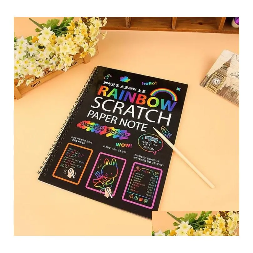 wholesale Magic Scratch Art Book Rainbow Scratch Paper Notebook with Wooden Stylus Kids Notes Boards Christmas Party Birthday Game Gift 10.3X7.5