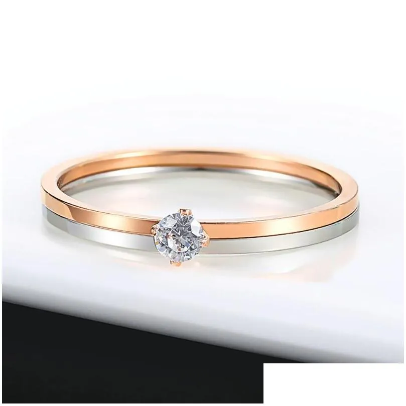 Band Rings ZHOUYANG Ring For Women Simple Thin Titanium Steel 4 Craws Cubic Zirconia Rose Gold Color Birthday Gift Fashion Jewelry