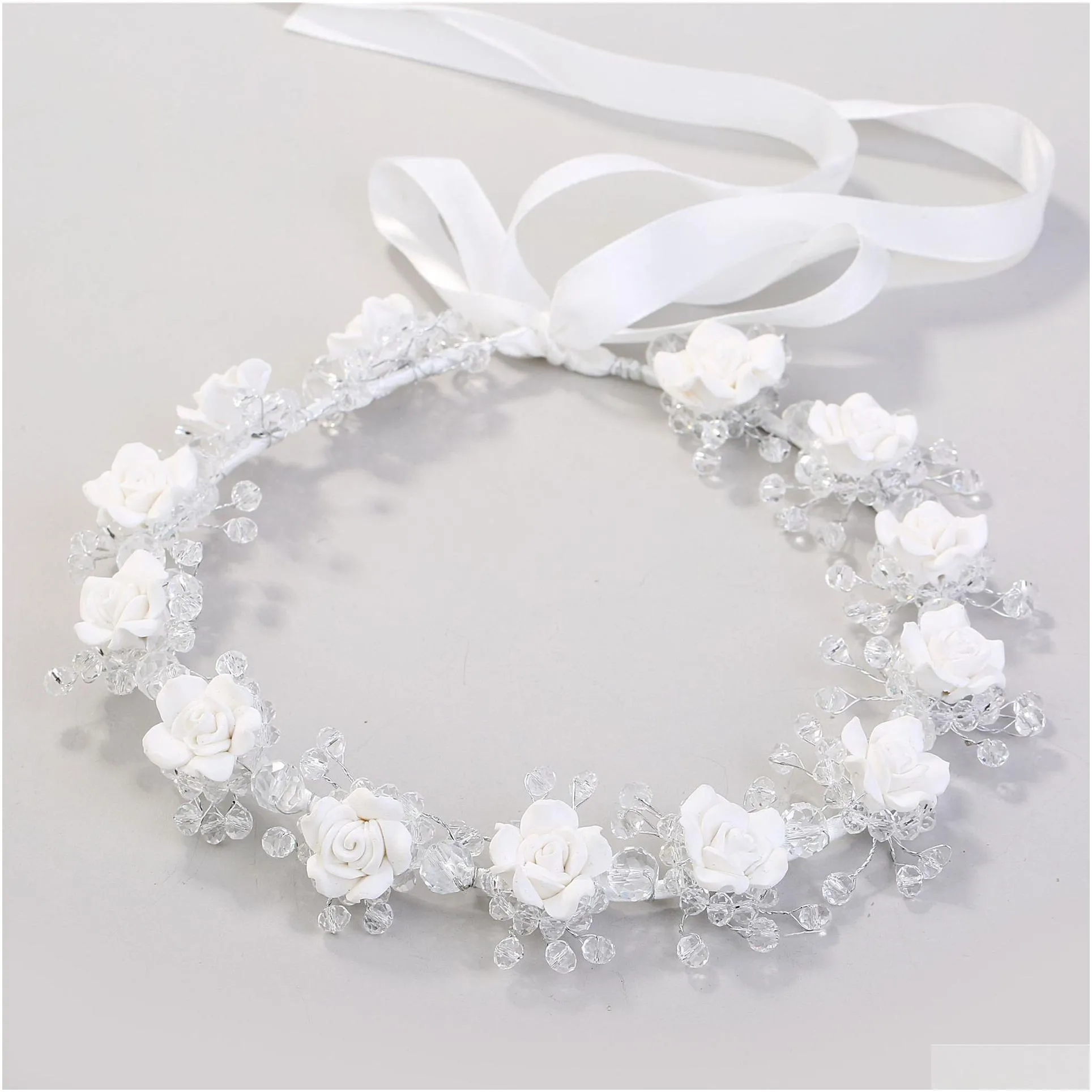 Bridal crystal white wedding flower crown girls stereo flowers ribbon Bows princess wreath children`s day party garland hair accessory