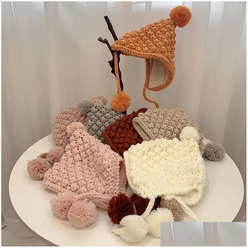 Baby Kids Big Pompon Knitted Hat Children Hand-Woven Big Hair Ball Ear Protection Baby Hat Kids Winter Warm Ear Muff Beanie A5615
