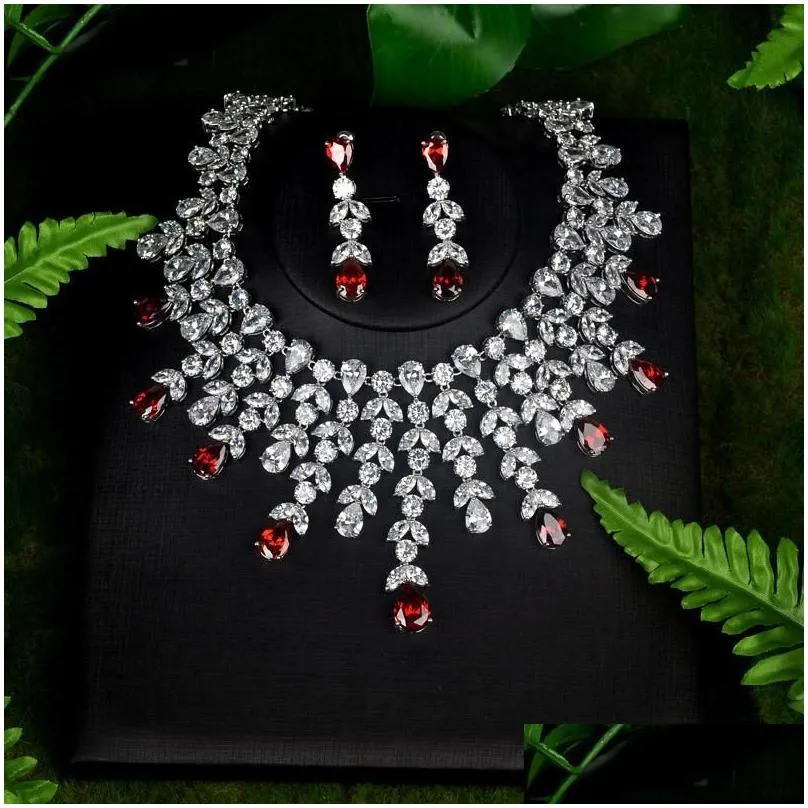 Earrings & Necklace Be 8 Elegent Sparkling Big Water Drop Red Cubic Zirconia Jewely Sets For Bridal Wedding Brilliant Bijoux Women