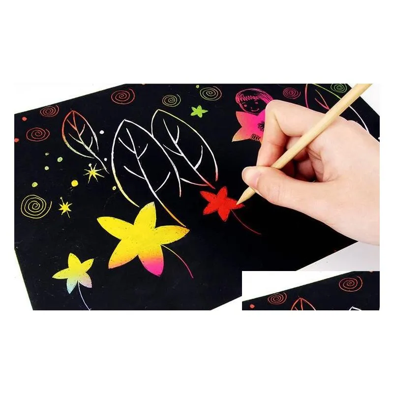 wholesale Magic Scratch Art Book Rainbow Scratch Paper Notebook with Wooden Stylus Kids Notes Boards Christmas Party Birthday Game Gift 10.3X7.5