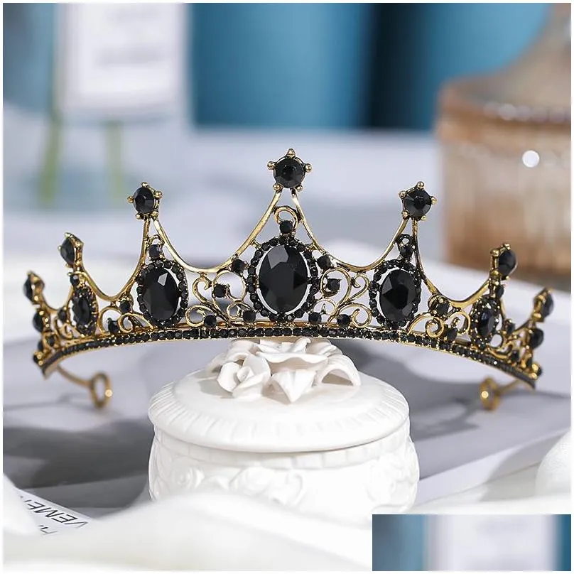 Headpieces Baroque Retro Black Luxury Bridal Crystal Tiaras Crowns Princess Queen Pageant Prom Rhinestone Veil Tiara Wedding Hair