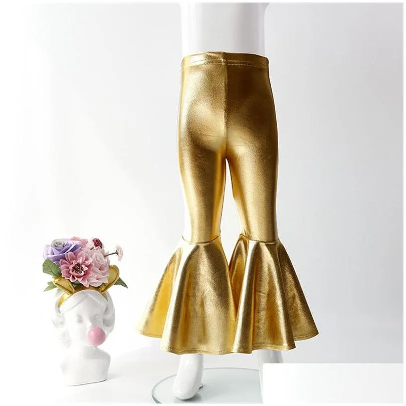 Mardi Gras Toddler Kids Shiny Leggings Solid Color Baby Girl Leather Pants Fashion Ruffle Bell Bottoms Kids Birthday suits Cotton