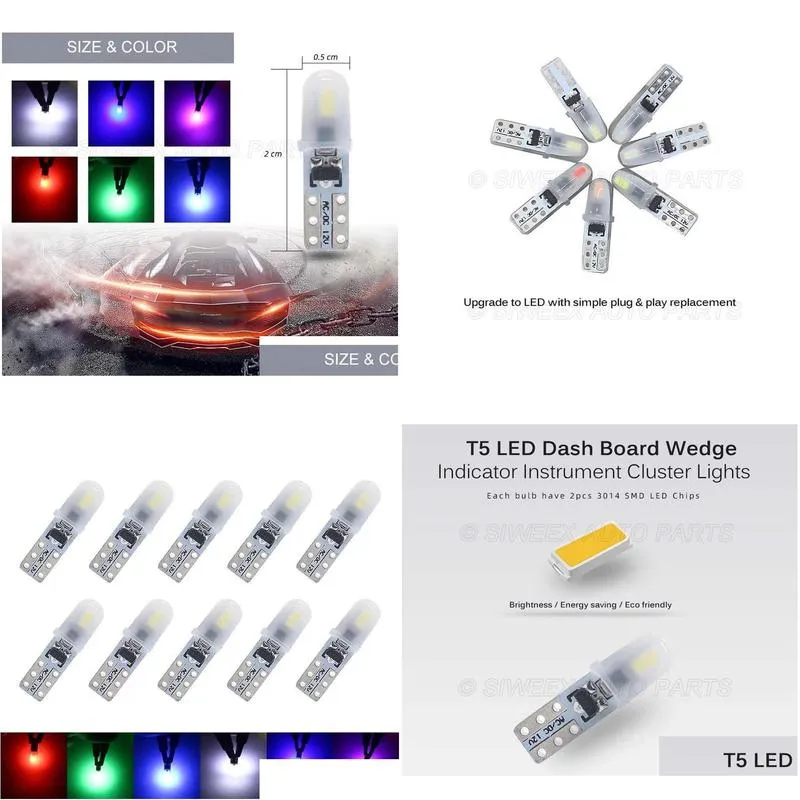 10pcs/set t5 vehicle dashboard led lights 2 3014 smd reading instrument panel lamp led-bulb white 12v dc light universal