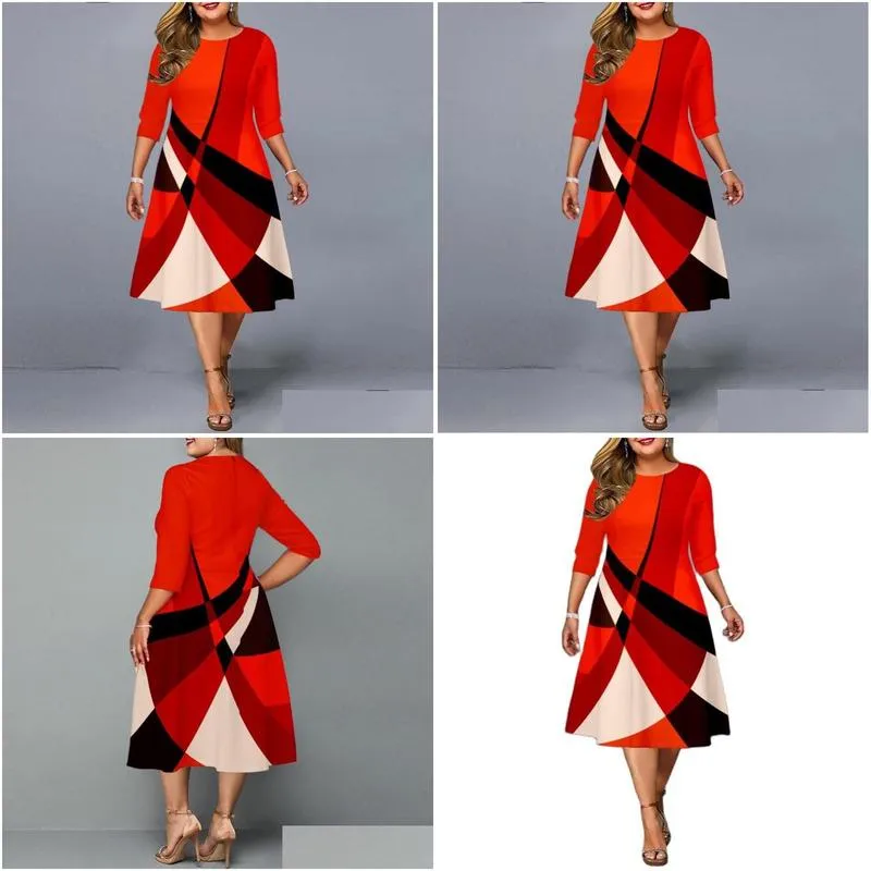 plus size dresses dress 2022 elegant geometric print party autumn ladies a-line red midi year evening club outfits 5xl
