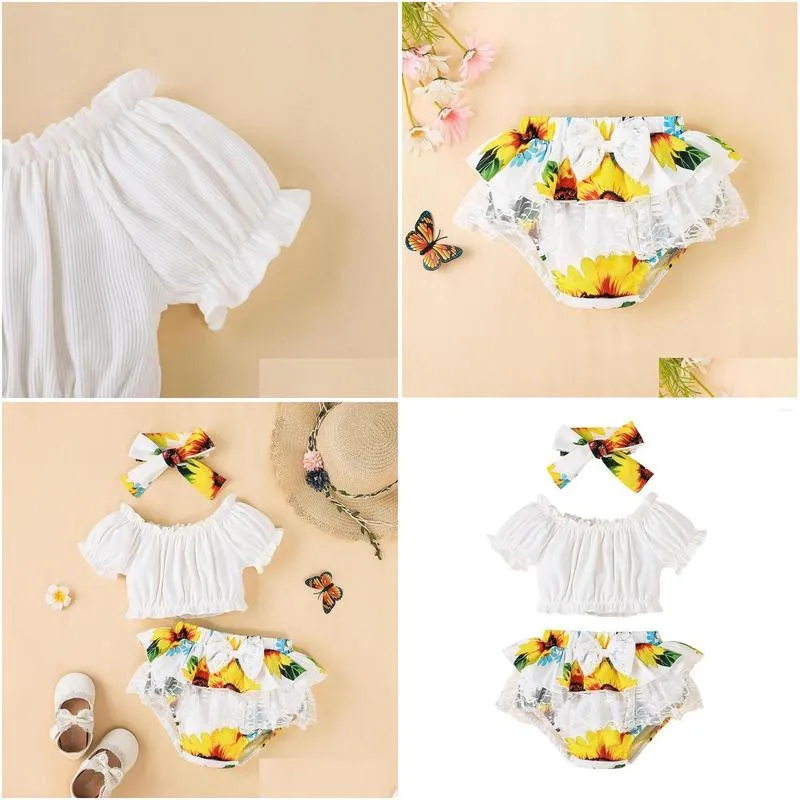 Clothing Sets Born Baby Girl Three-Piece Outfits Short Sleeve Solid Color Crop Tops Sunflower Printed Shorts Decorative Hairband