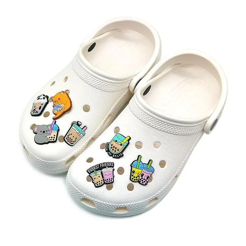 moq 100pcs tea with milk coffee cup cute cartoon pattern clog charms 2D Soft rubber lovely Shoe accessories Shoes Buckles charm Decorations fit garden