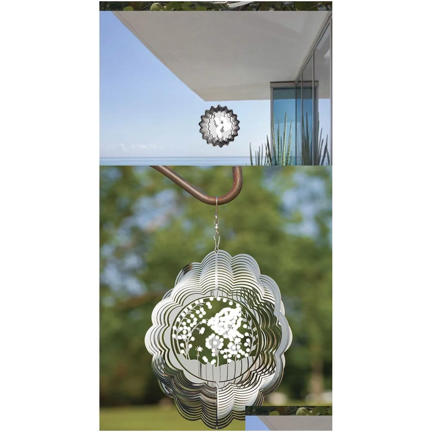 3D Stainless Steel Wind Spinner Indoor Outdoor Garden Decoration Hanging Pendant Crafts Ornaments Waterdrop Pattern Turntable Party Decor 360ﾰ Rotating