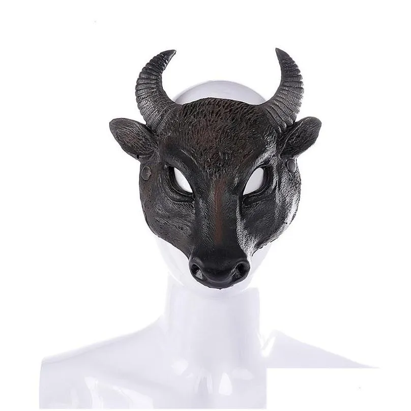 Party Masks Adult Bull Cosplay PU Black Half Face Mask Horror Head Upper Animals Halloween Masque Accessories